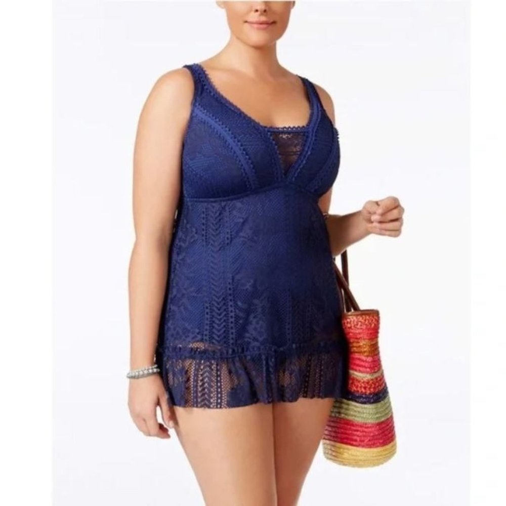 BECCA Prairie Rose Flattering Lace Navy One Piece Swimdress Size 1X (16-…